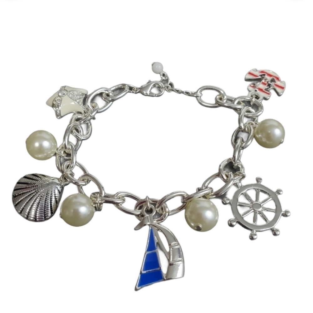 Avon Set Sail Nautical Charm Bracelet 7" silver Blue red *